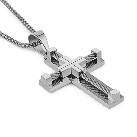 Silver Stainless Steel Men's Cross Necklace - Picture 4 of 4
